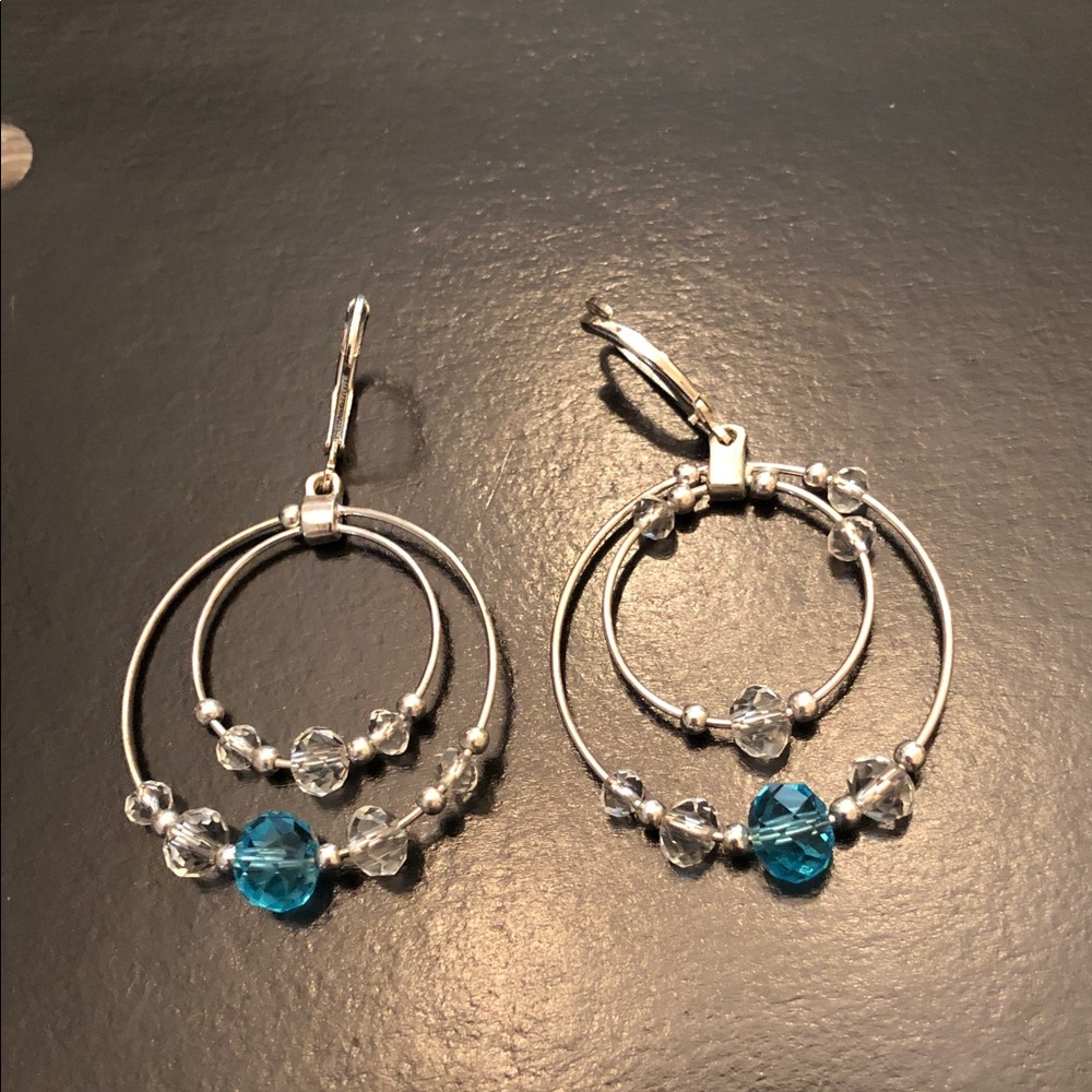 Silver Hoop Earrings with Blue Crystal Accent - Unbranded